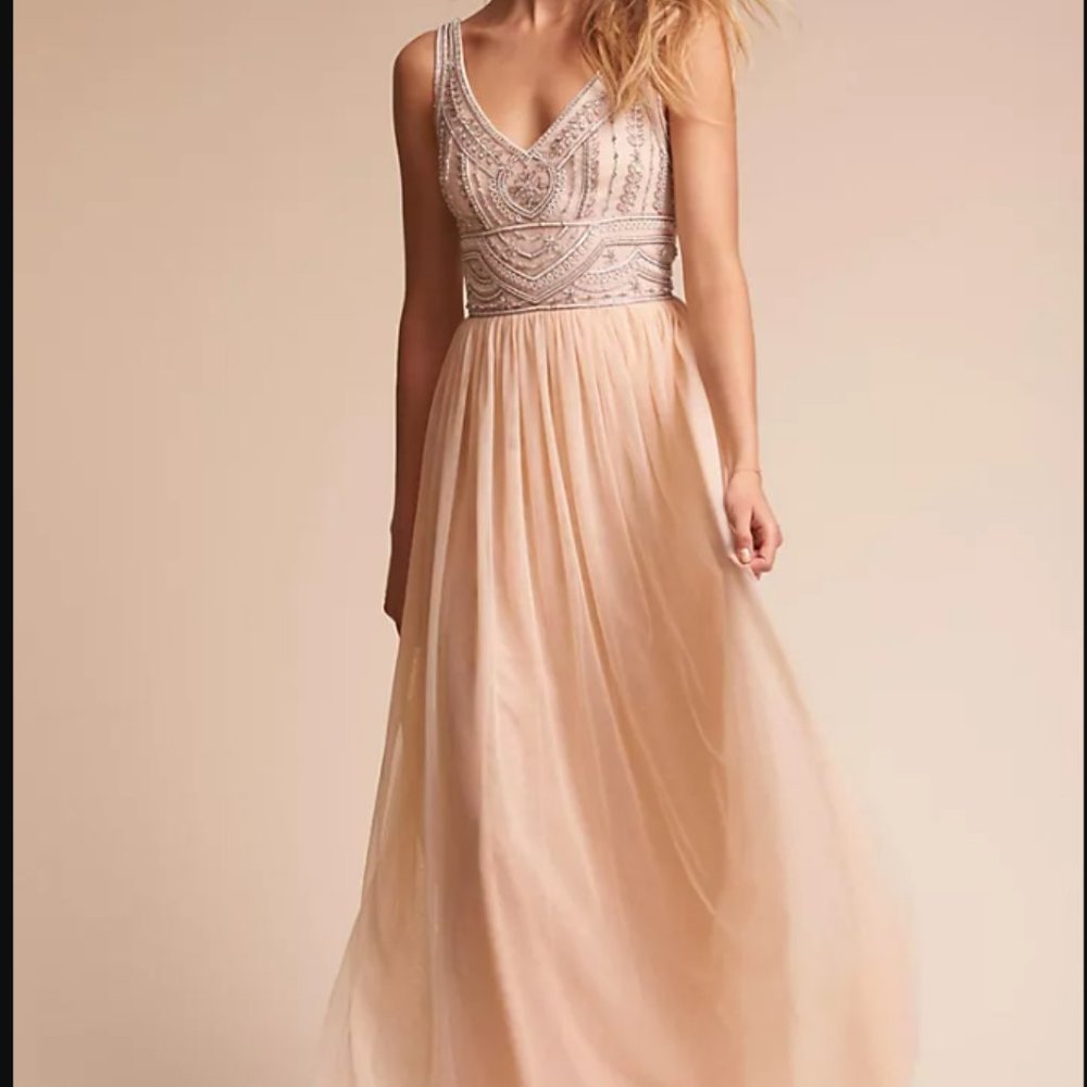 Anthropologie Champagne Beaded Tulle Gown